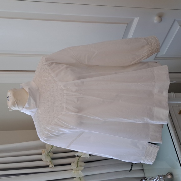 Everlane Tops - Everlane Womens White Cotton Smocked Neck Baby Doll Tunic Blouse Puff Sleeves MD